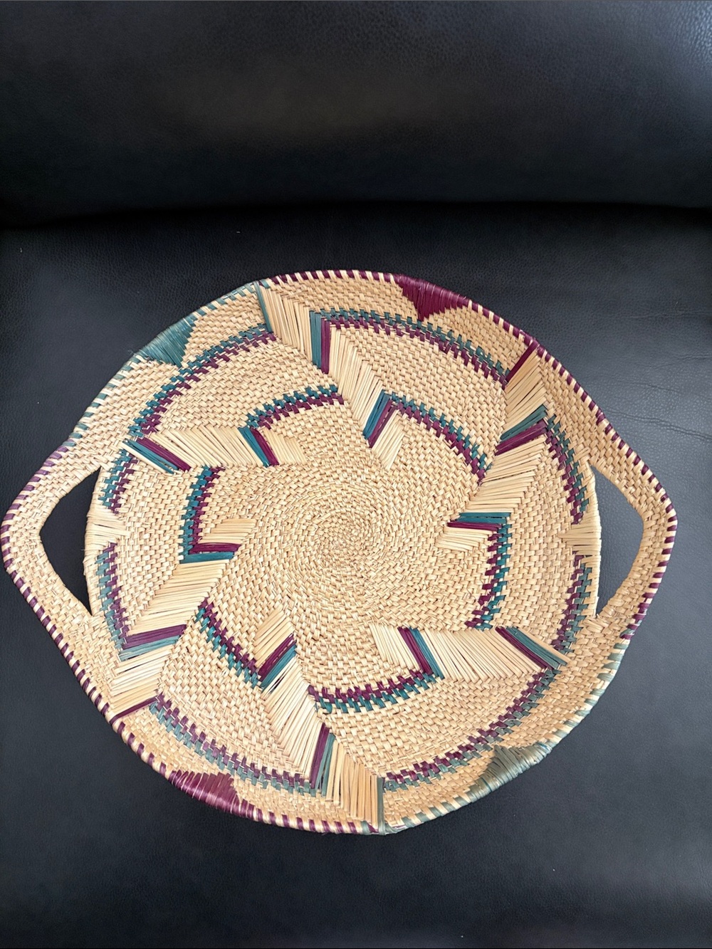 Handwoven Decorative Serving Tray Basket in Natural with Teal & Plum Accents